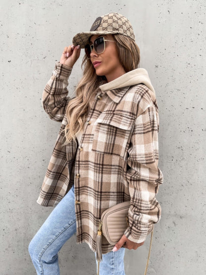 Get trendy with Plaid Dropped Shoulder Hooded Jacket - Jacket available at Styles Code. Grab yours today!