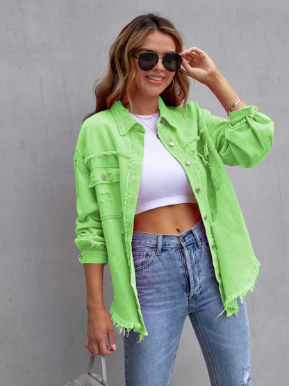 Get trendy with Distressed Drop Shoulder Denim Jacket - Denim Jacket available at Styles Code. Grab yours today!