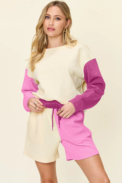 Get trendy with Contrast Drop Shoulder Top and Shorts Set - Two Piece Sets available at Styles Code. Grab yours today!