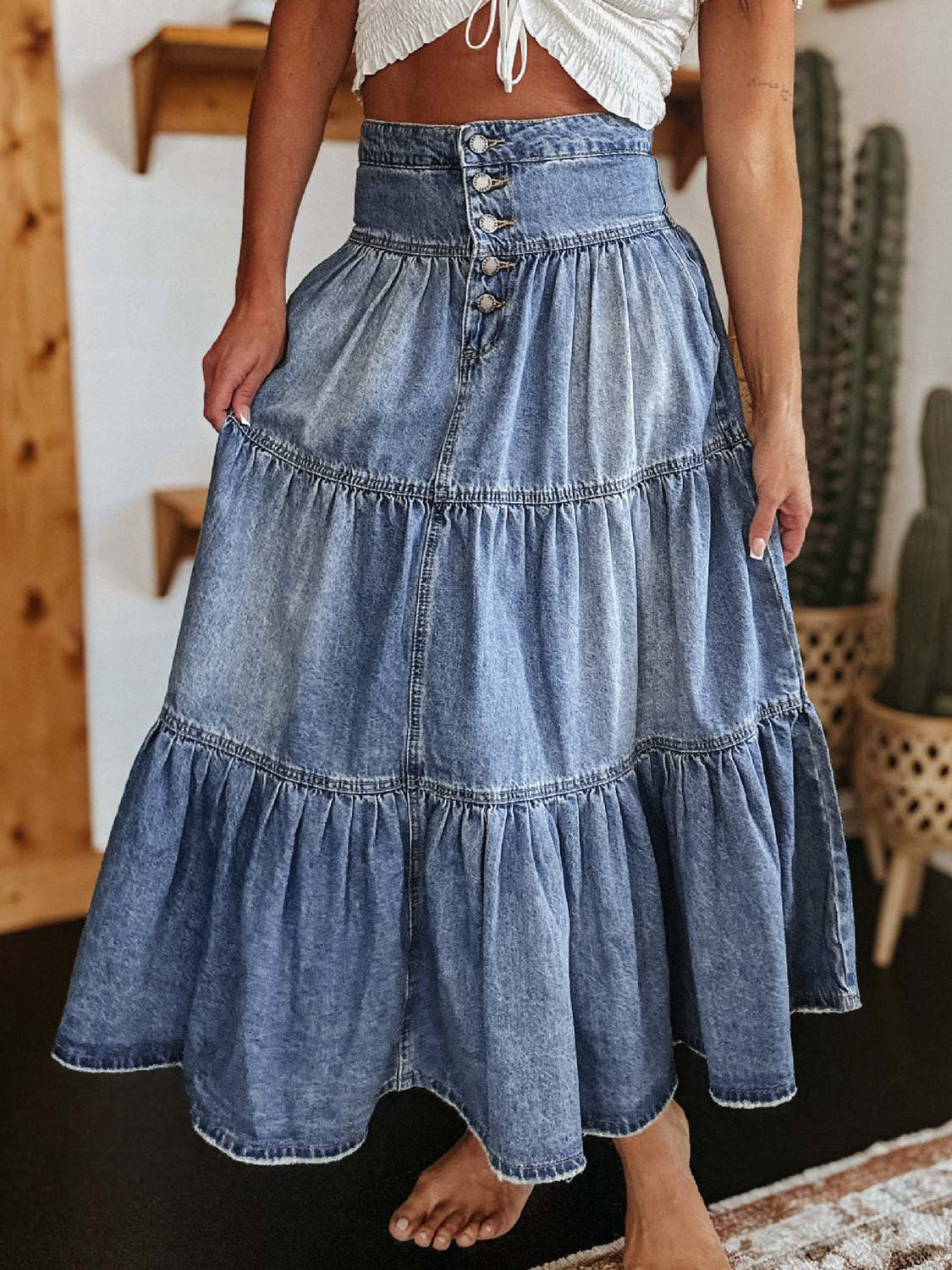 Get trendy with Tiered Button-Fly Denim Skirt - Skirts available at Styles Code. Grab yours today!