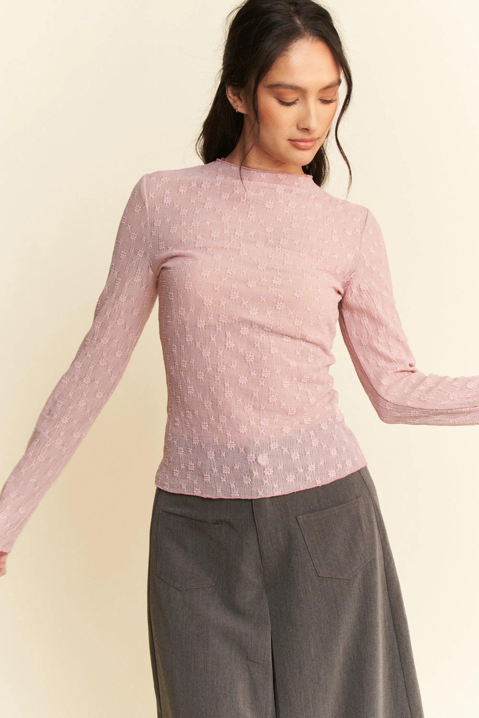 Get trendy with Long Sleeve Sheer Lace Top - Top available at Styles Code. Grab yours today!