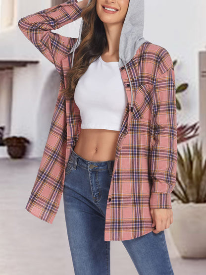 Get trendy with Plaid Drawstring Button Up Hooded Jacket - Jackets available at Styles Code. Grab yours today!