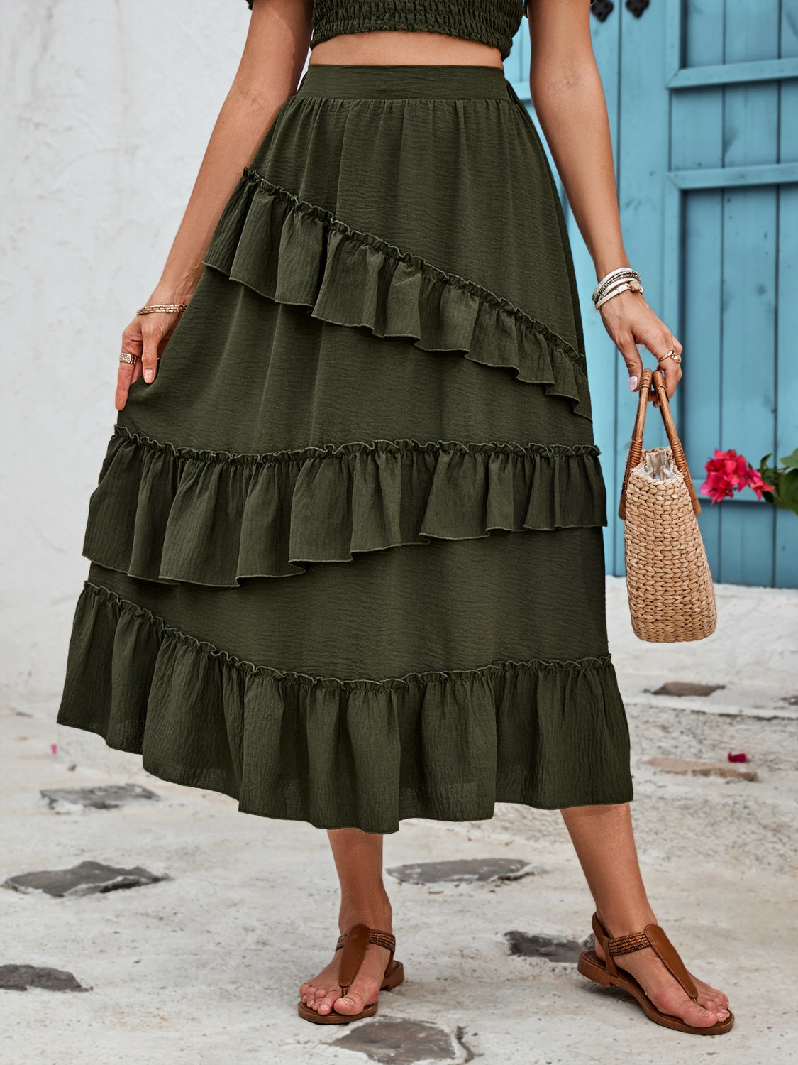 Get trendy with Honey Ruffled Elastic Waist Midi Skirt - Skirts available at Styles Code. Grab yours today!