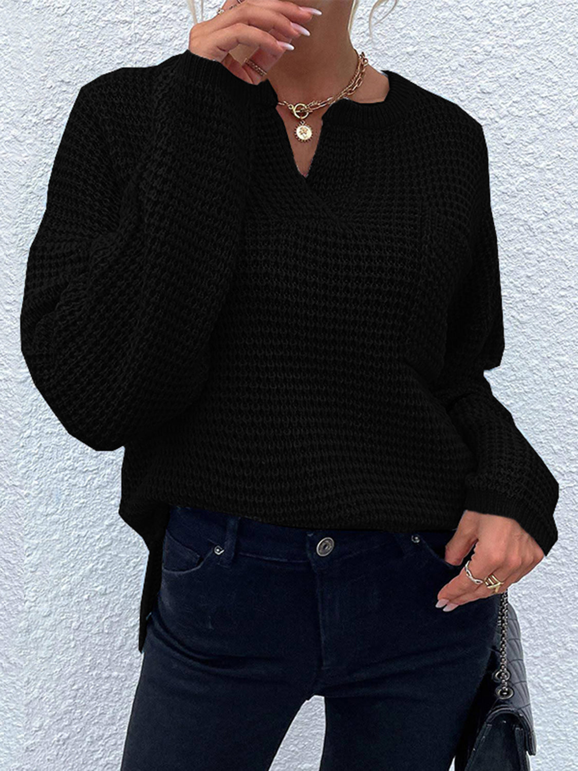 Get trendy with Notched Long Sleeve Sweater - Sweaters available at Styles Code. Grab yours today!