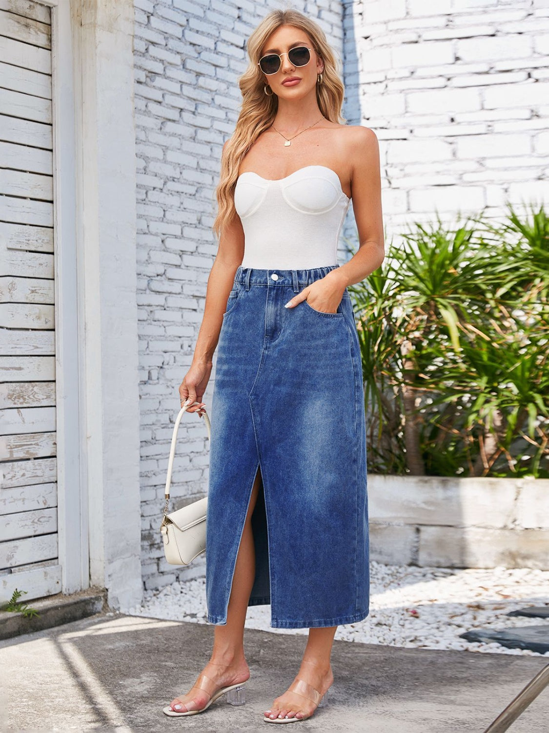 Get trendy with Slit Midi Denim Skirt with Pockets - Denim Dress available at Styles Code. Grab yours today!