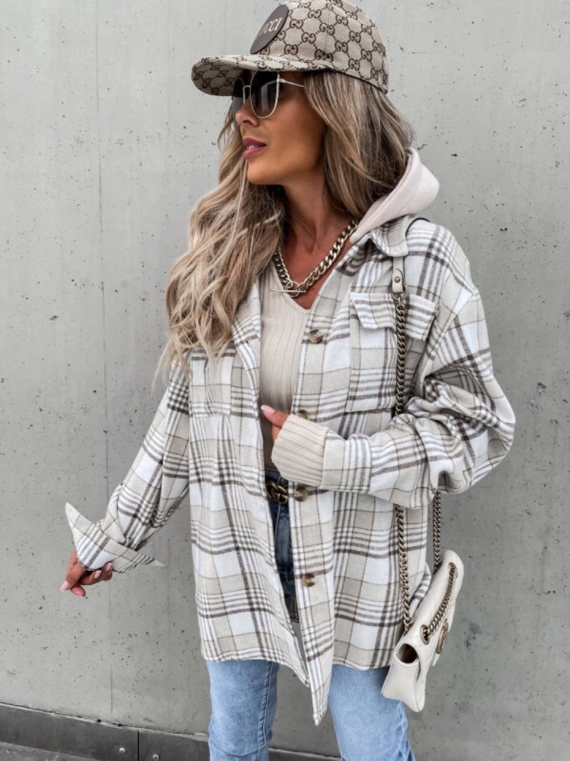 Get trendy with Plaid Dropped Shoulder Hooded Jacket - Jacket available at Styles Code. Grab yours today!