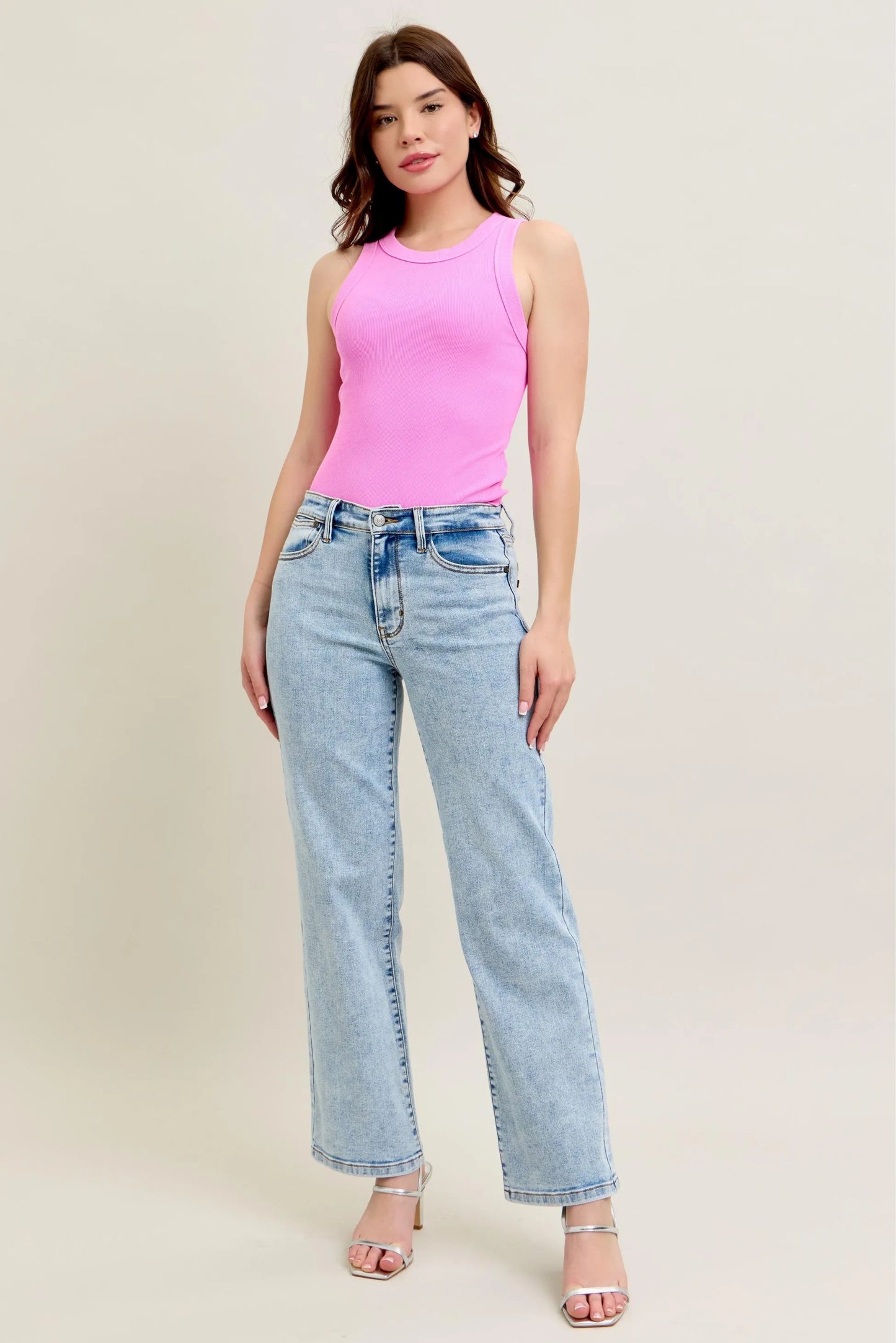 Get trendy with High Waist Stone Wash Straight Jeans - Jeans available at Styles Code. Grab yours today!