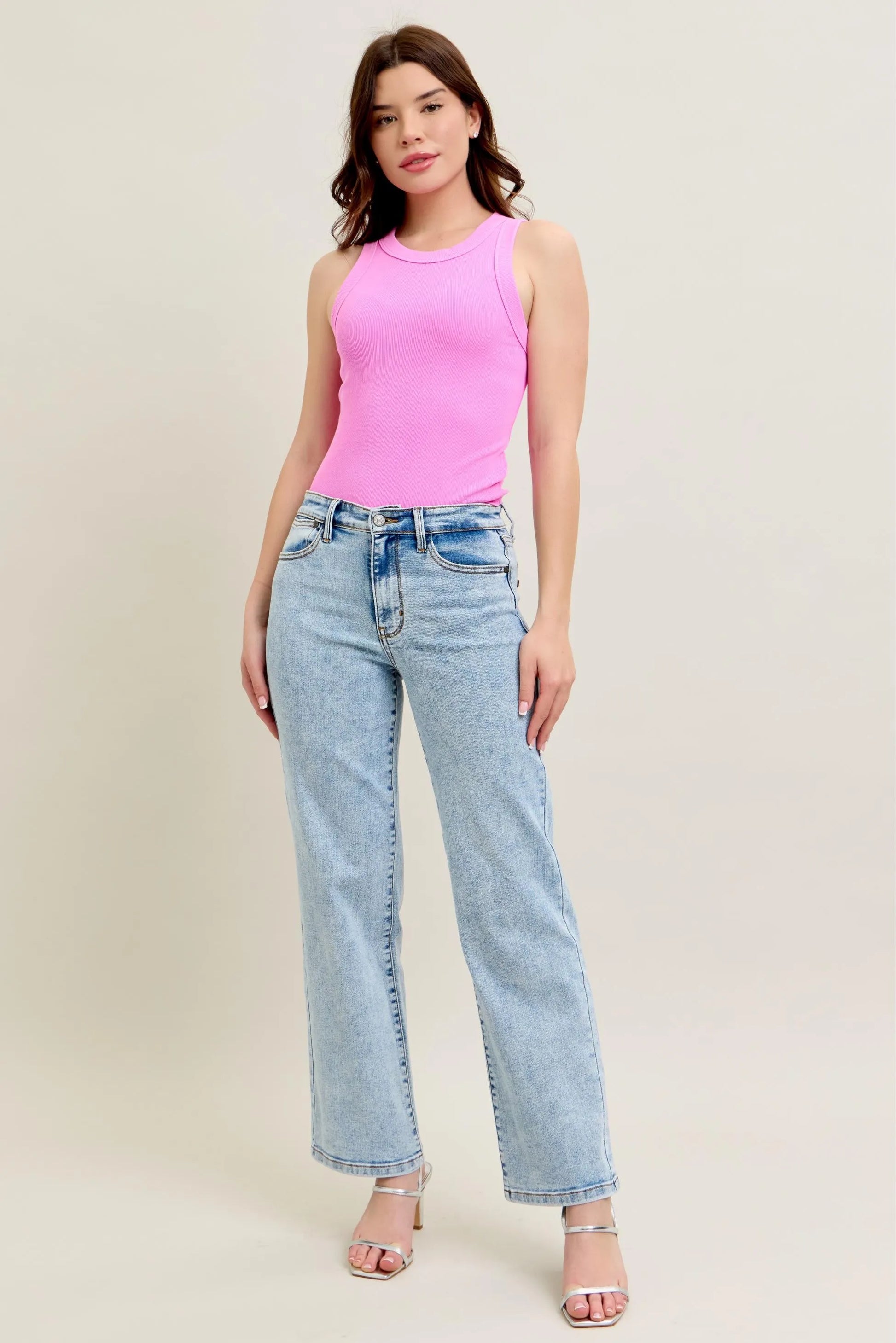 Get trendy with High Waist Stone Wash Straight Jeans - Jeans available at Styles Code. Grab yours today!