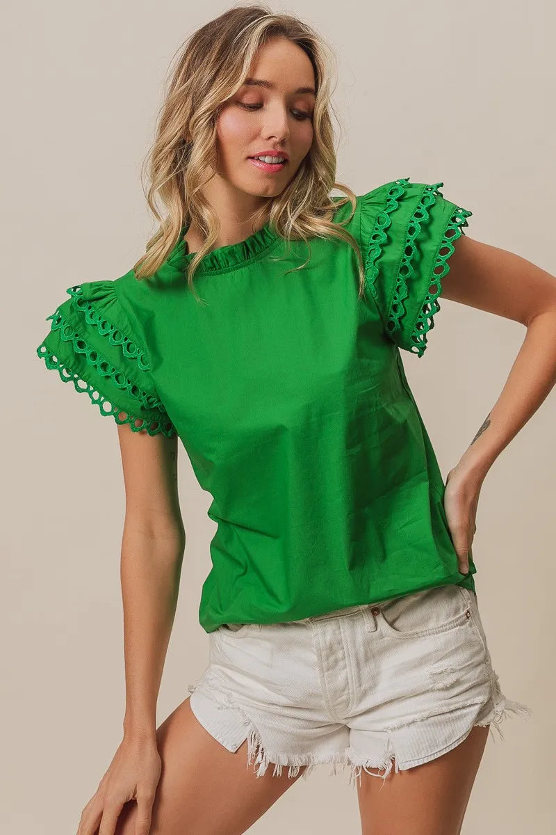 Get trendy with Woven Circle Trim Ruffle Top - Top available at Styles Code. Grab yours today!