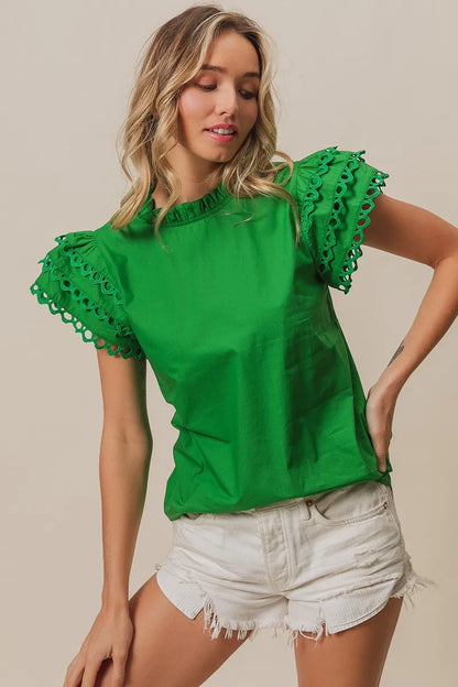 Get trendy with Woven Circle Trim Ruffle Top - Top available at Styles Code. Grab yours today!