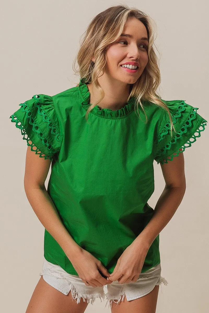 Get trendy with Woven Circle Trim Ruffle Top - Top available at Styles Code. Grab yours today!