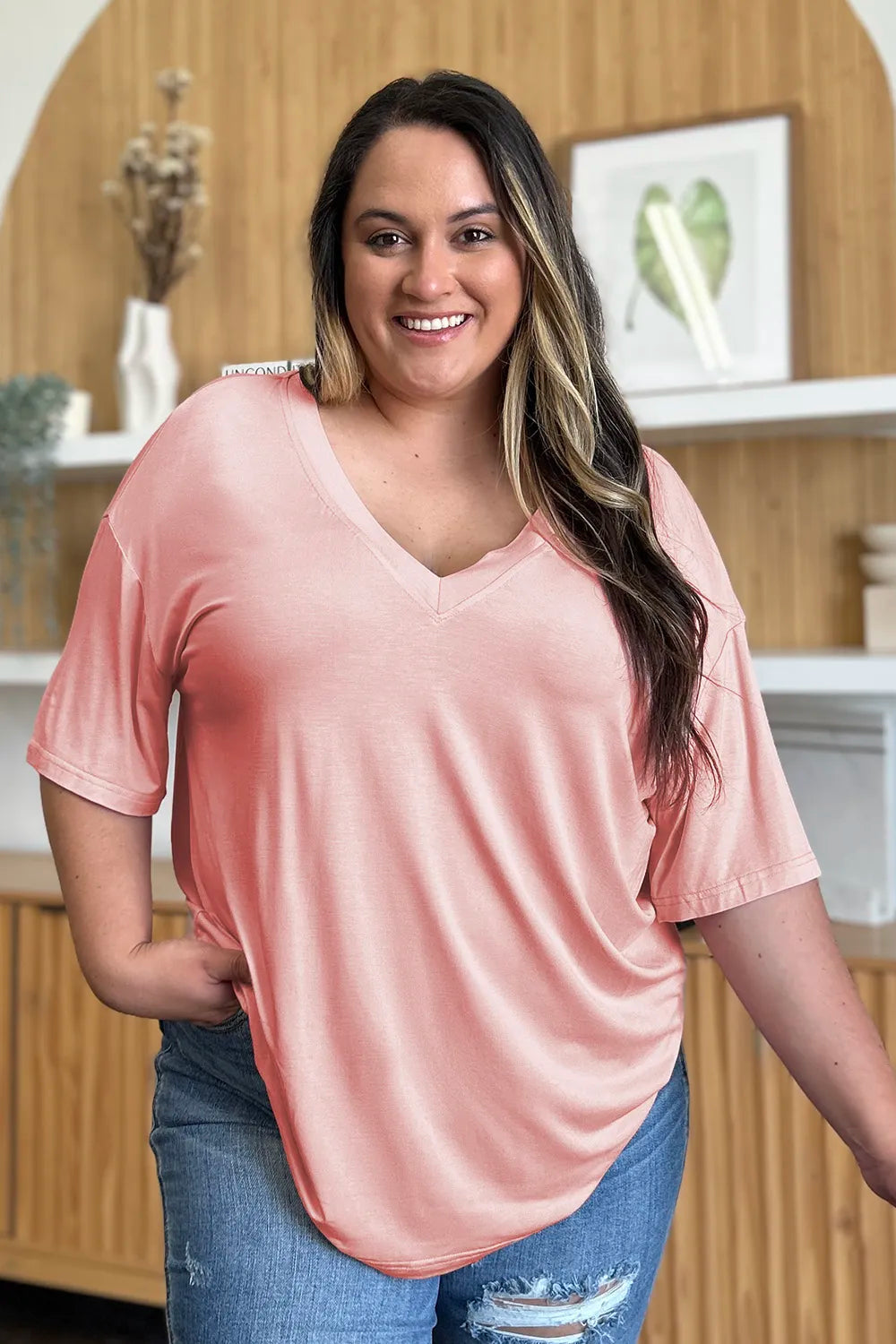 Get trendy with V-Neck Drop Shoulder T-Shirt - T-Shirt available at Styles Code. Grab yours today!