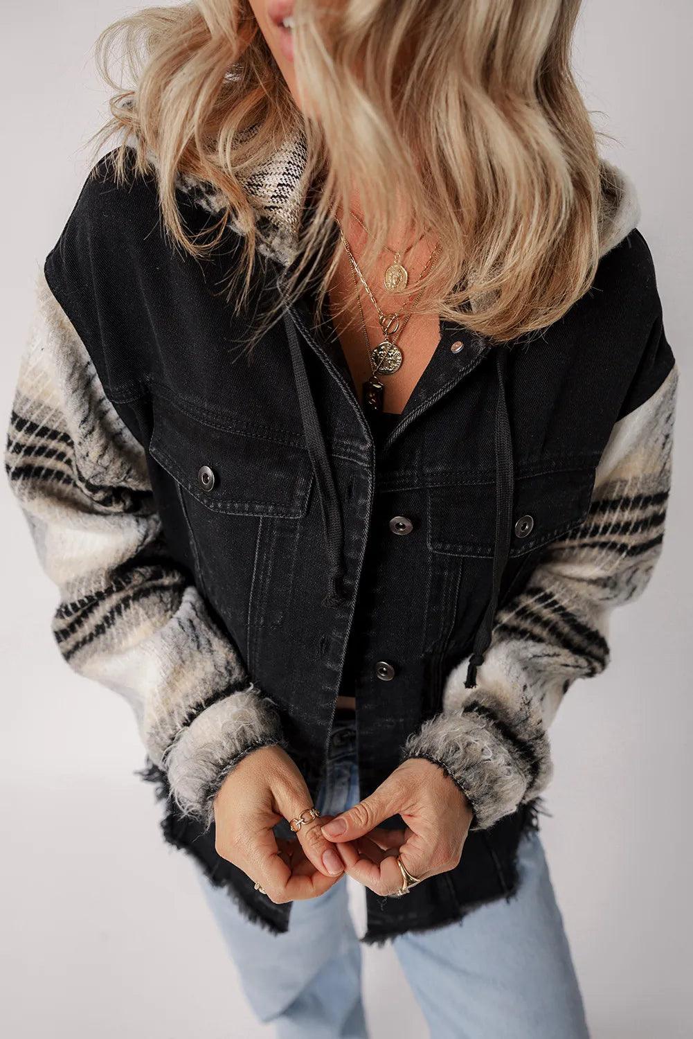 Get trendy with Drawstring Raw Hem Hooded Denim Jacket -  available at Styles Code. Grab yours today!