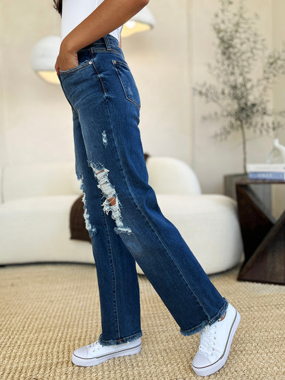 Get trendy with Judy Blue Full Size Mid Rise Distressed Raw Hem Jeans - Plus Size available at Styles Code. Grab yours today!