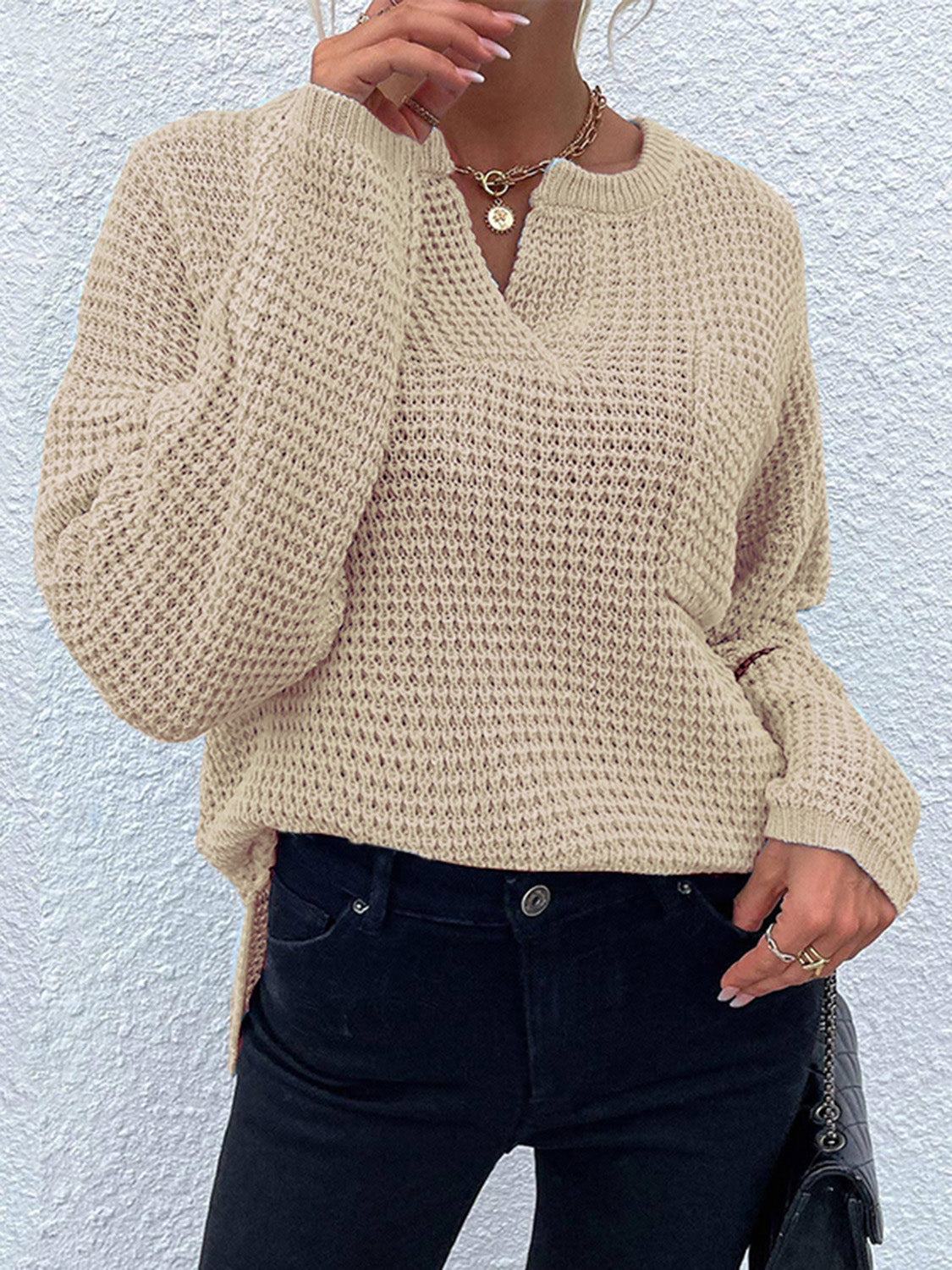 Get trendy with Notched Long Sleeve Sweater - Sweaters available at Styles Code. Grab yours today!