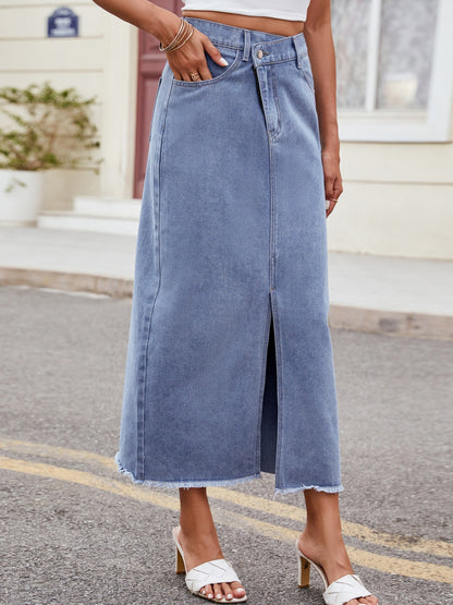 Get trendy with Slit Asymmetrical Waist Denim Skirt - Skirts available at Styles Code. Grab yours today!