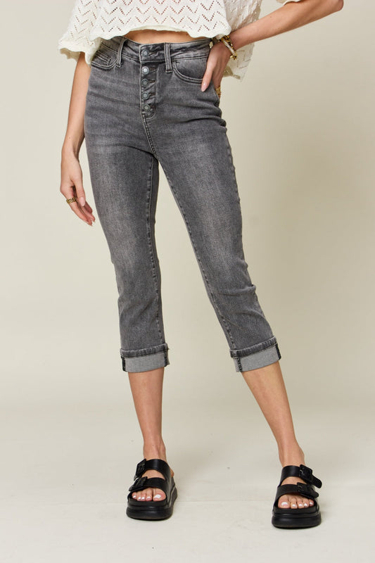 Get trendy with Judy Blue Full Size Button Fly High Waist Cuffed Capris - Jeans available at Styles Code. Grab yours today!