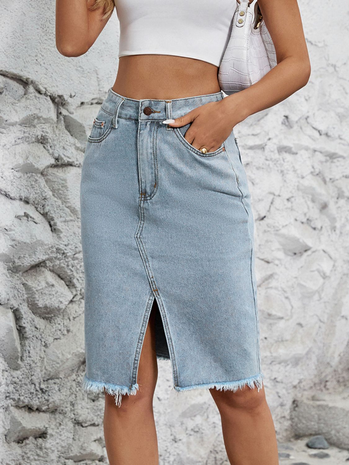 Get trendy with Raw Hem Slit Denim Skirt - Denim Dress available at Styles Code. Grab yours today!