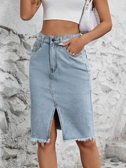 Get trendy with Raw Hem Slit Denim Skirt - Denim Dress available at Styles Code. Grab yours today!