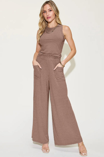 Get trendy with Ribbed Tank & Wide Leg Pants Set - Two Piece Sets available at Styles Code. Grab yours today!