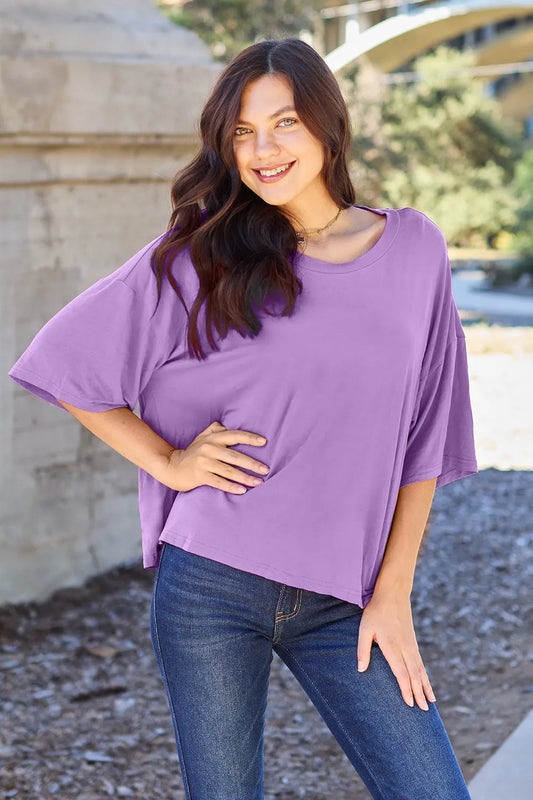 Get trendy with Full Size Round Neck Drop Shoulder Top - Top available at Styles Code. Grab yours today!