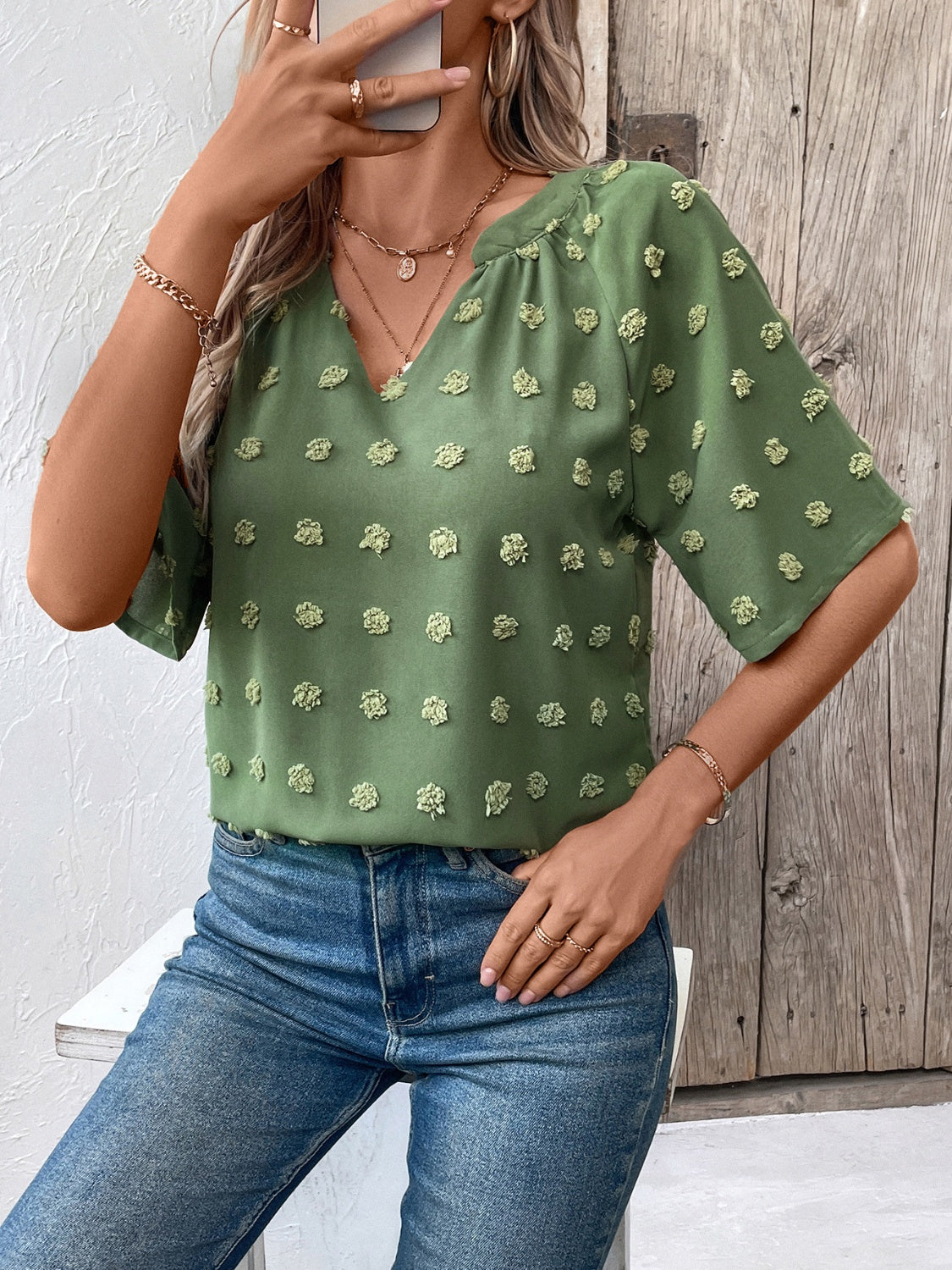 Get trendy with Swiss Dot Notched Half Sleeve Blouse - Blouse available at Styles Code. Grab yours today!