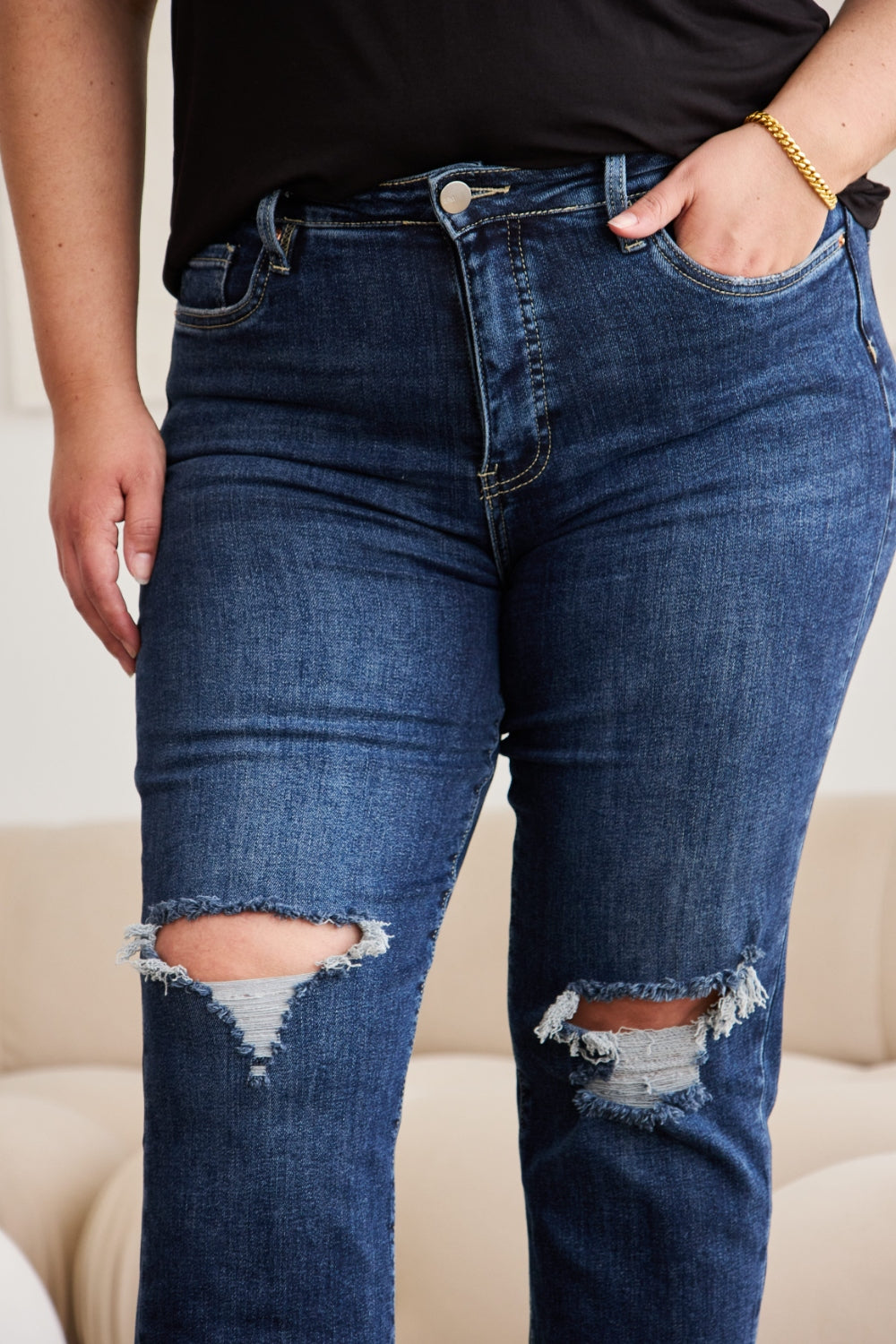 Get trendy with Full Size Distressed High Waist Jeans - Jeans available at Styles Code. Grab yours today!