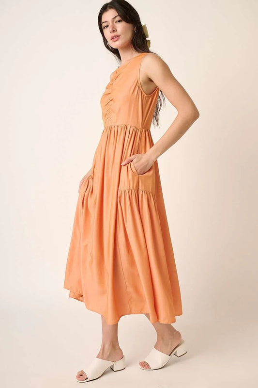 Get trendy with Ruched Detail Sleeveless Midi Dress - Dress available at Styles Code. Grab yours today!
