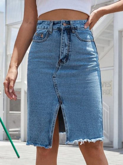 Get trendy with Raw Hem Slit Denim Skirt - Denim Dress available at Styles Code. Grab yours today!