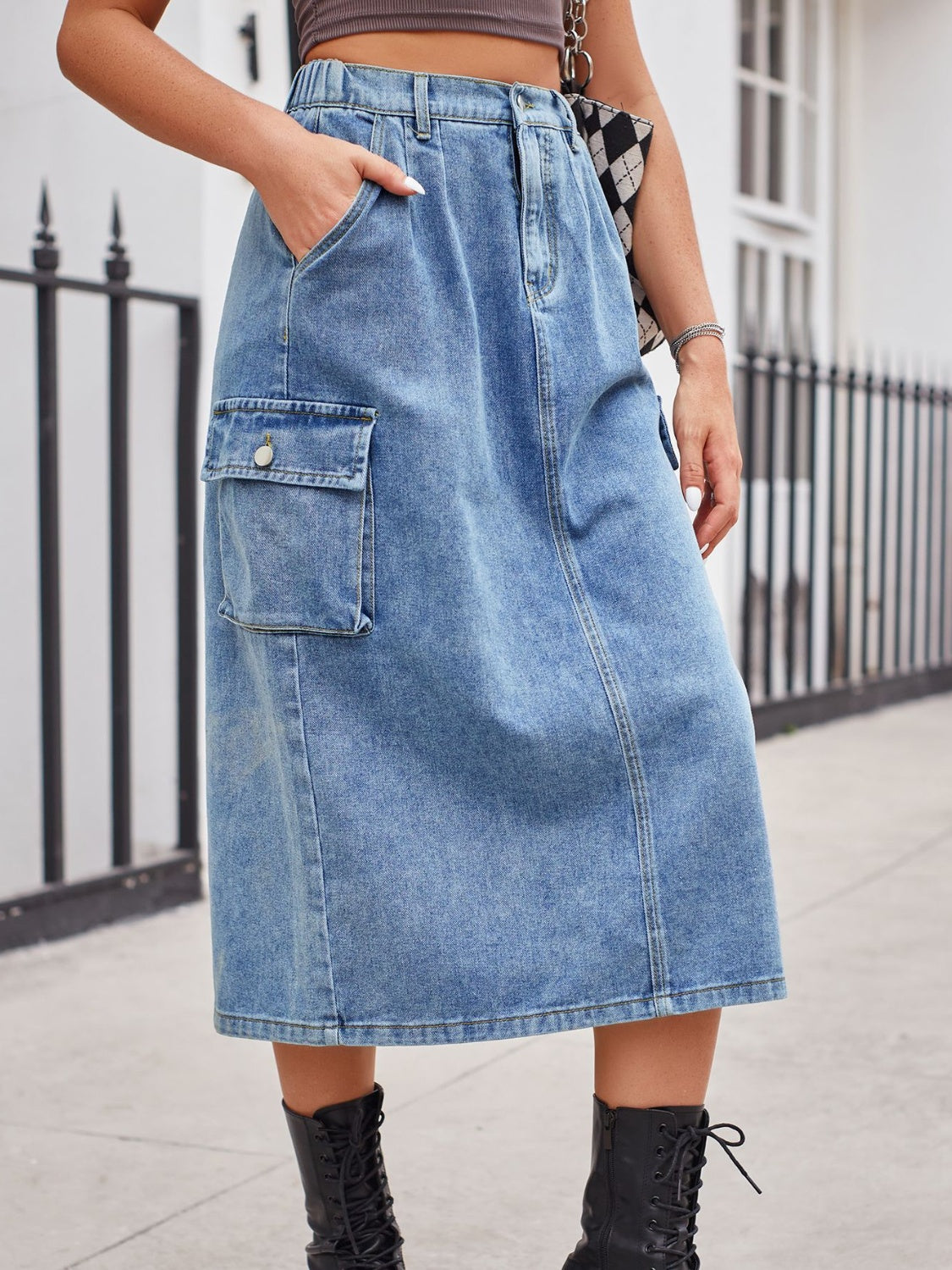 Get trendy with Slit Buttoned Denim Skirt with Pockets - Skirts available at Styles Code. Grab yours today!