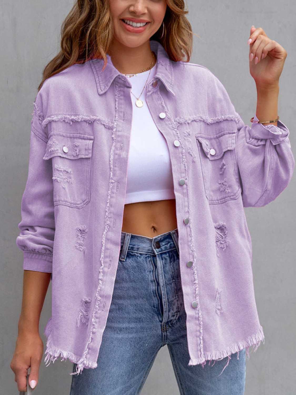 Get trendy with Distressed Drop Shoulder Denim Jacket - Denim Jacket available at Styles Code. Grab yours today!