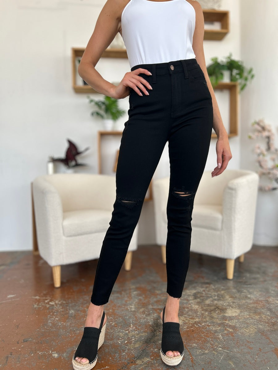 Get trendy with Judy Blue Full Size Distressed Tummy Control High Waist Skinny Jeans - Plus Size available at Styles Code. Grab yours today!