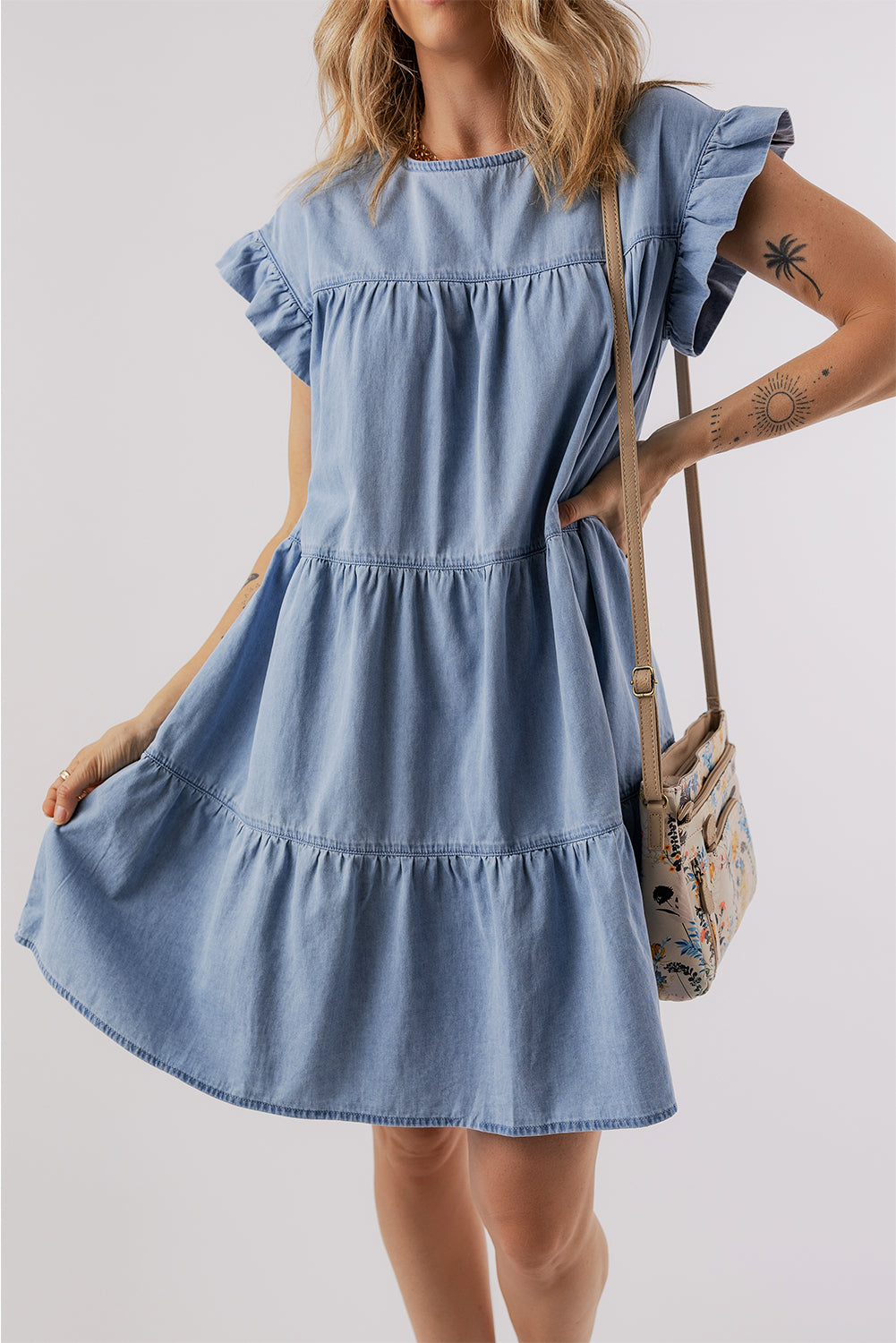 Get trendy with Ruffled Round Neck Cap Sleeve Denim Dress - Denim Dress available at Styles Code. Grab yours today!