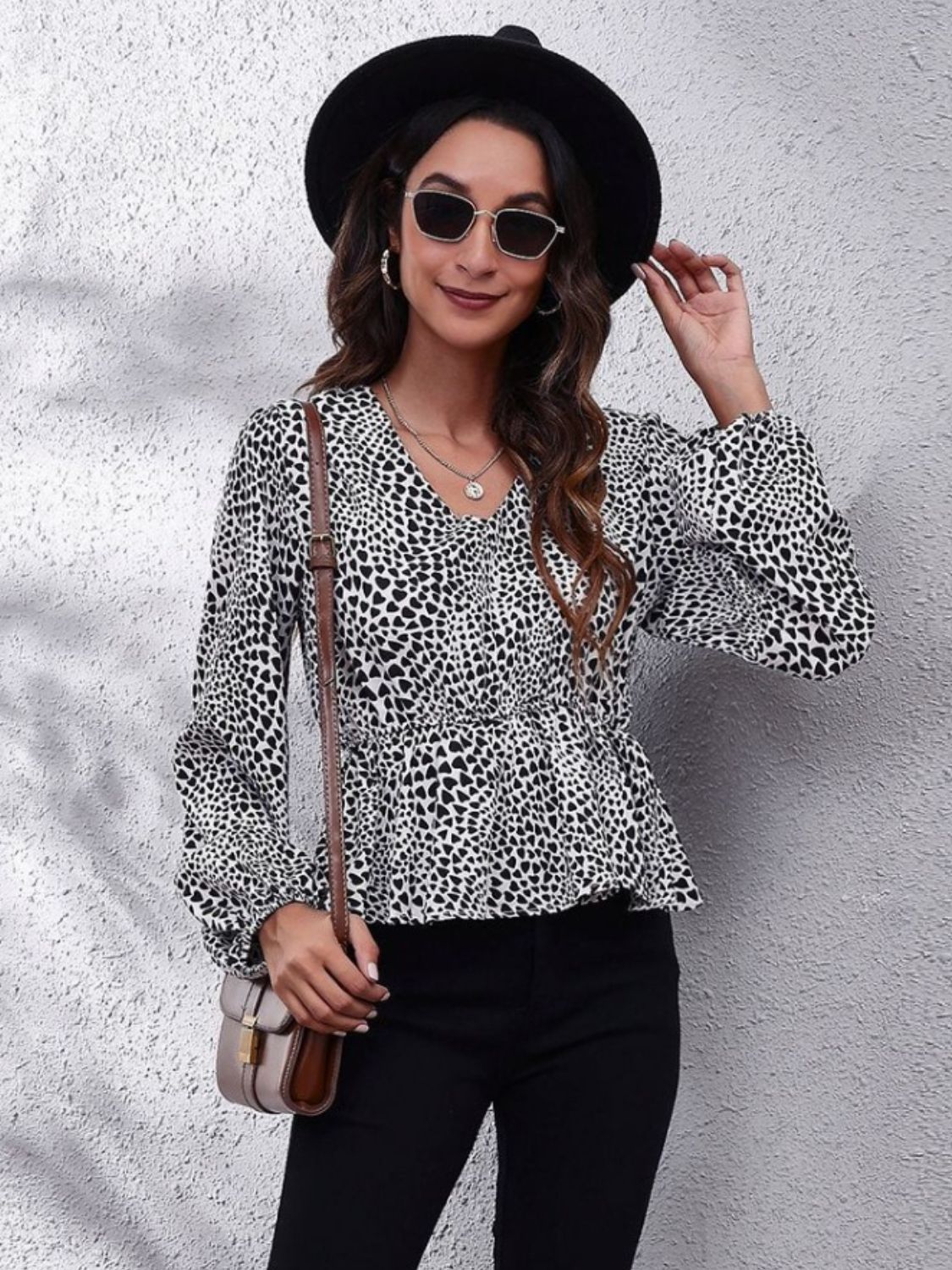 Get trendy with Ruched Printed V-Neck Long Sleeve Blouse - Blouse available at Styles Code. Grab yours today!