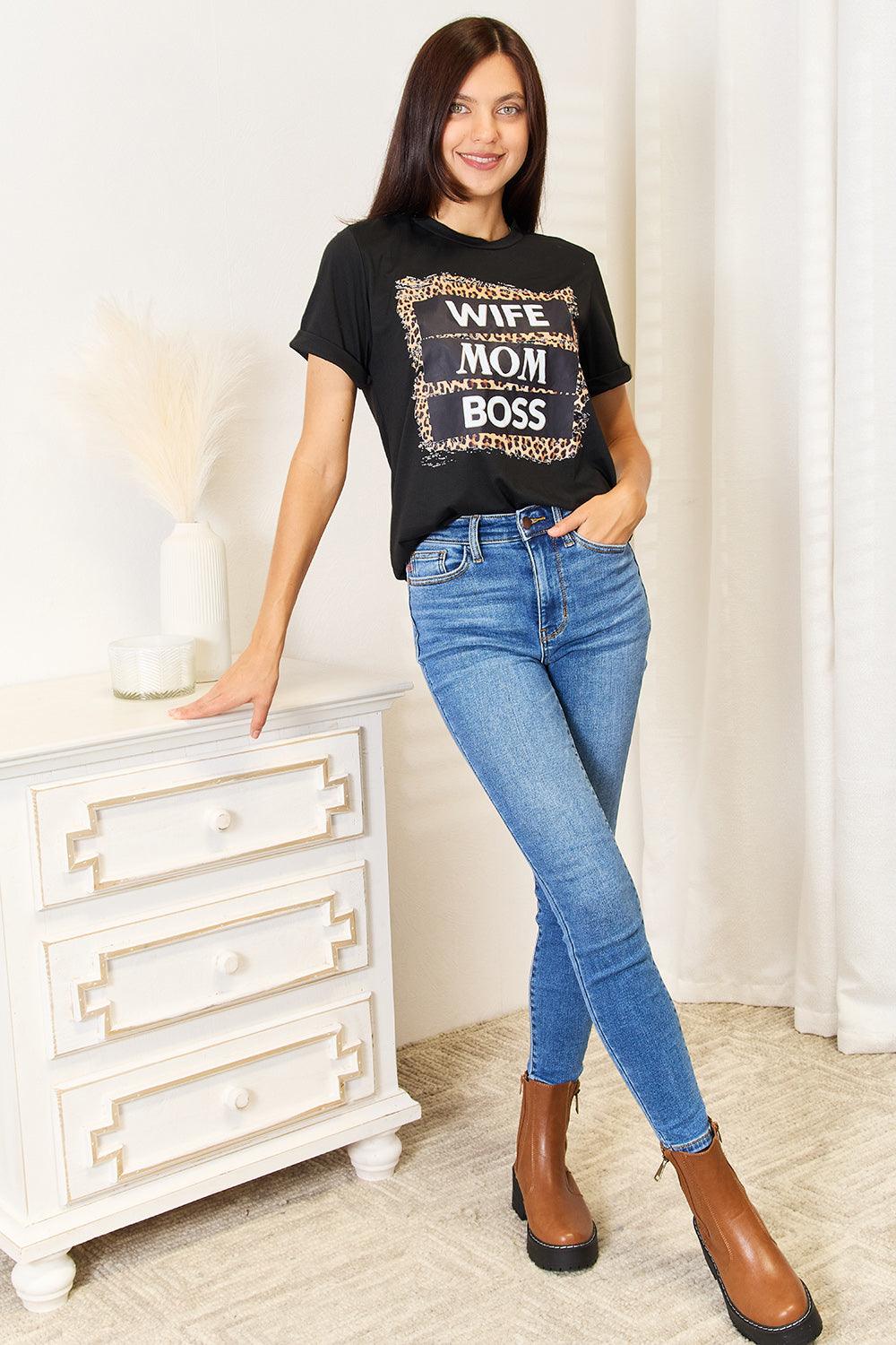 Get trendy with WIFE MOM BOSS Leopard Graphic T-Shirt - T-Shirt available at Styles Code. Grab yours today!