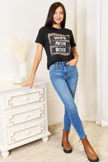 Get trendy with WIFE MOM BOSS Leopard Graphic T-Shirt - T-Shirt available at Styles Code. Grab yours today!