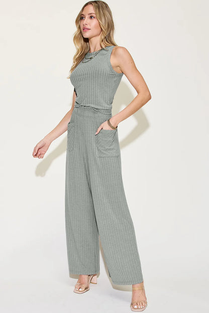 Get trendy with Ribbed Tank & Wide Leg Pants Set - Two Piece Sets available at Styles Code. Grab yours today!