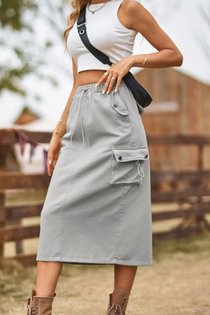 Get trendy with Drawstring Waist Slit Denim Skirt - Denim Dress available at Styles Code. Grab yours today!