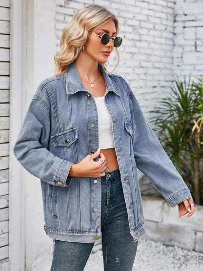 Get trendy with Button Up Long Sleeve Denim Jacket - Denim Jacket available at Styles Code. Grab yours today!