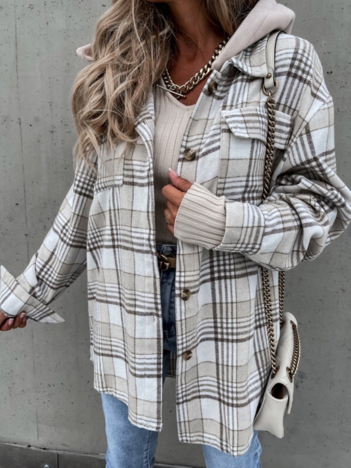 Get trendy with Plaid Dropped Shoulder Hooded Jacket - Jacket available at Styles Code. Grab yours today!