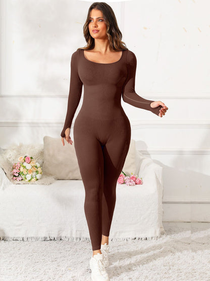 Get trendy with Scoop Neck Long Sleeve Active Jumpsuit - Activewear available at Styles Code. Grab yours today!