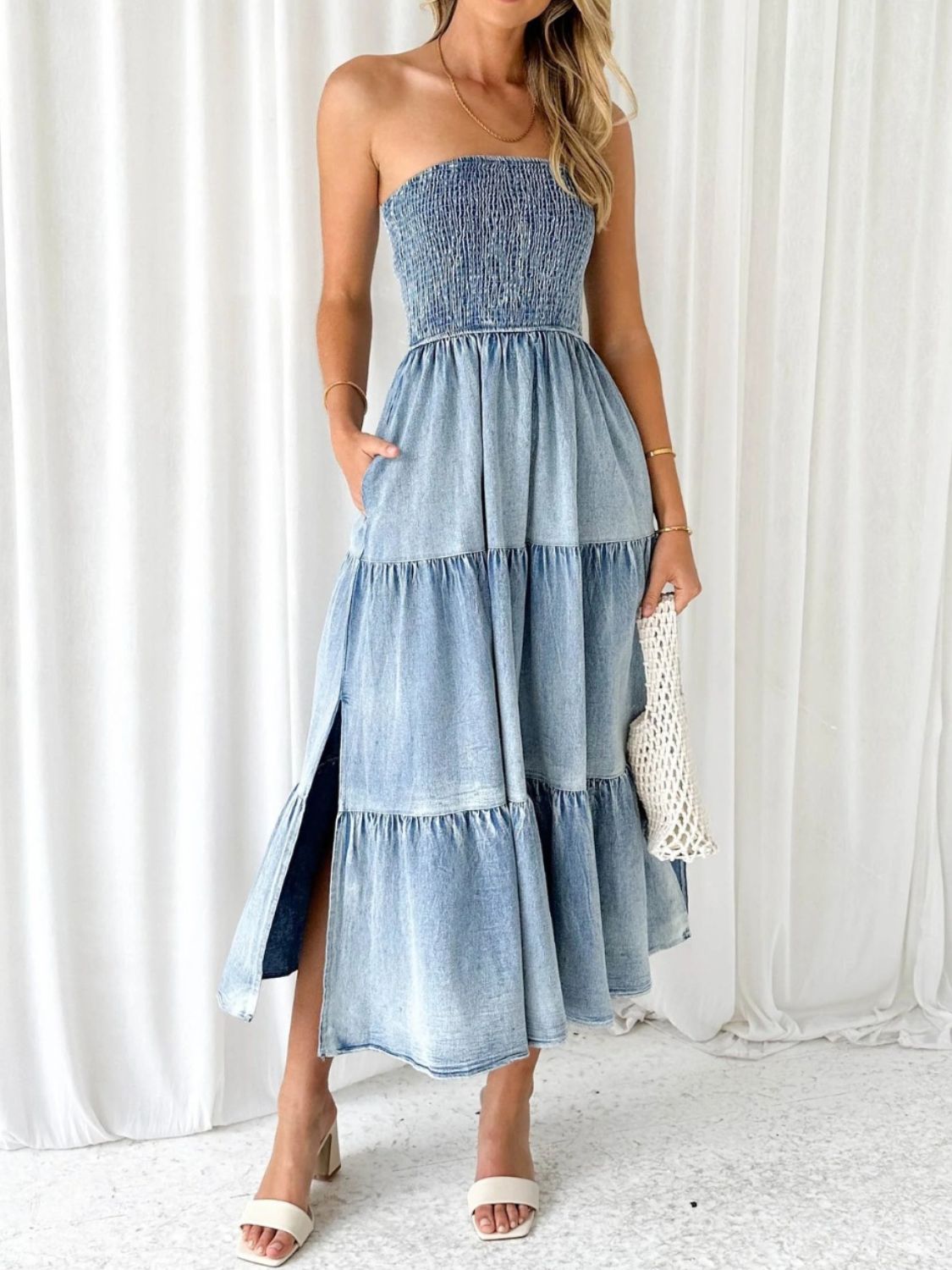 Get trendy with Slit Smocked Tube Tiered Denim Dress - Denim Dress available at Styles Code. Grab yours today!