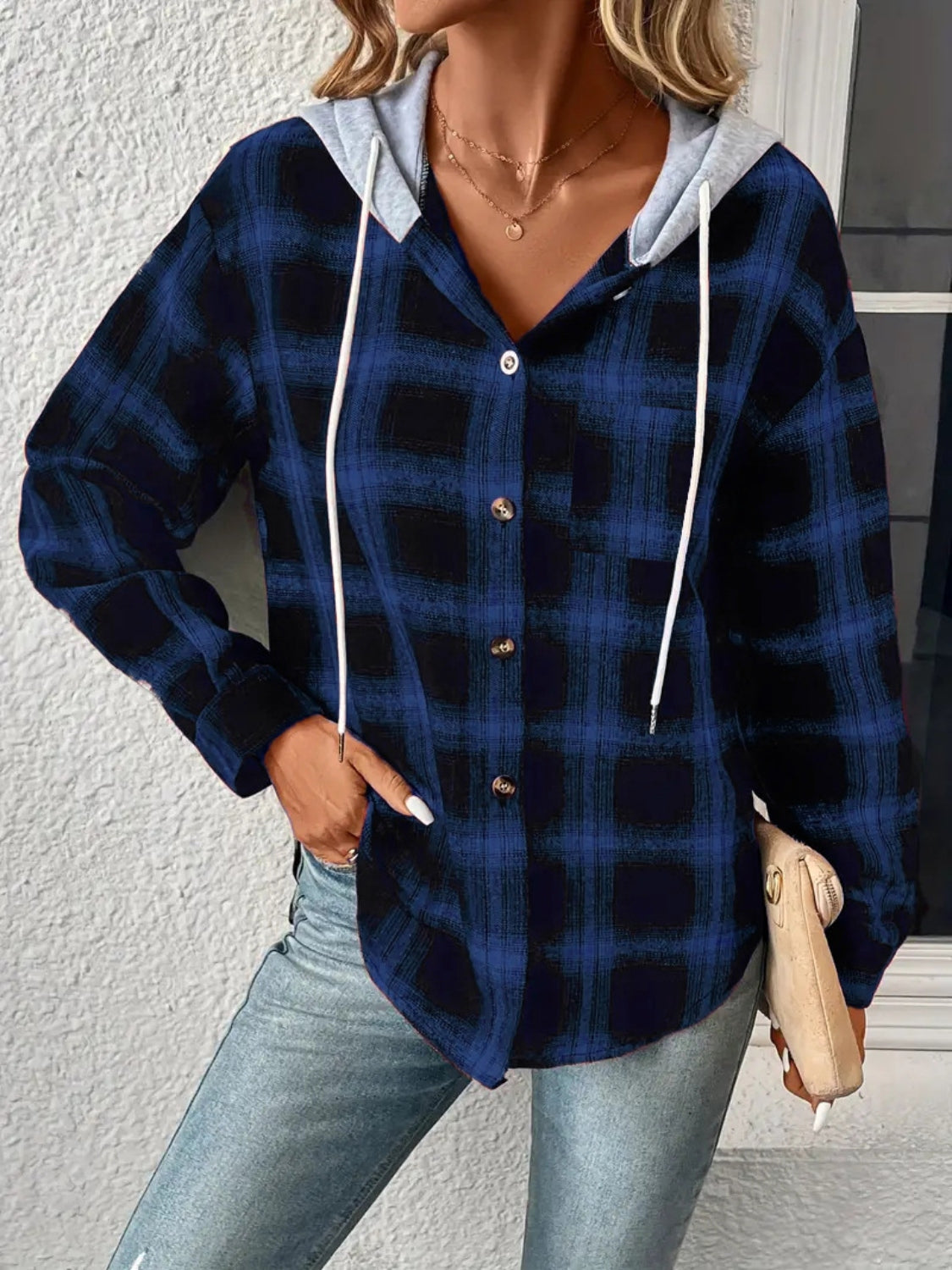 Get trendy with Plaid Drawstring Button Up Hooded Jacket - Jackets available at Styles Code. Grab yours today!