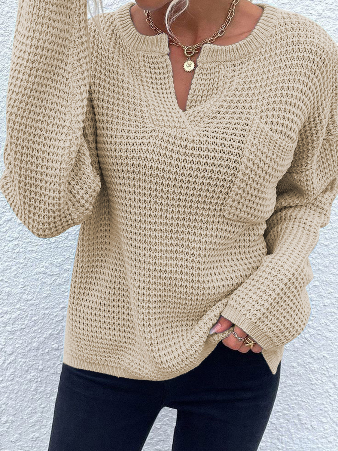 Get trendy with Notched Long Sleeve Sweater - Sweaters available at Styles Code. Grab yours today!