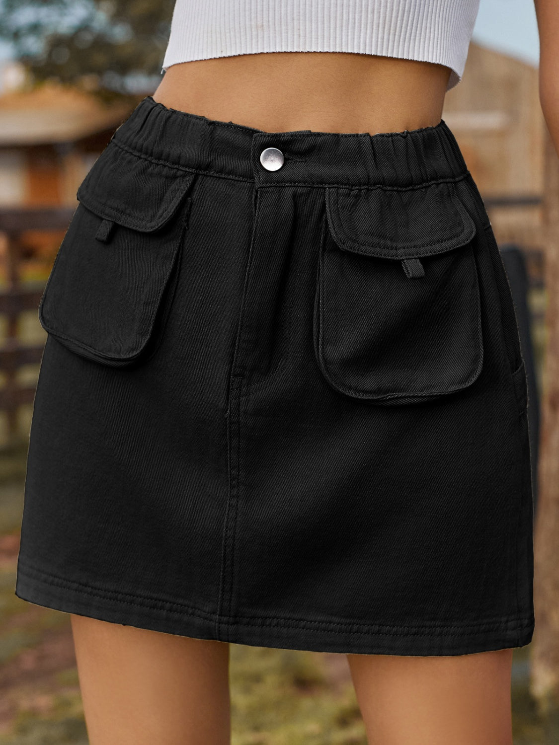 Get trendy with Pocketed Elastic Waist Denim Skirt - Skirts available at Styles Code. Grab yours today!