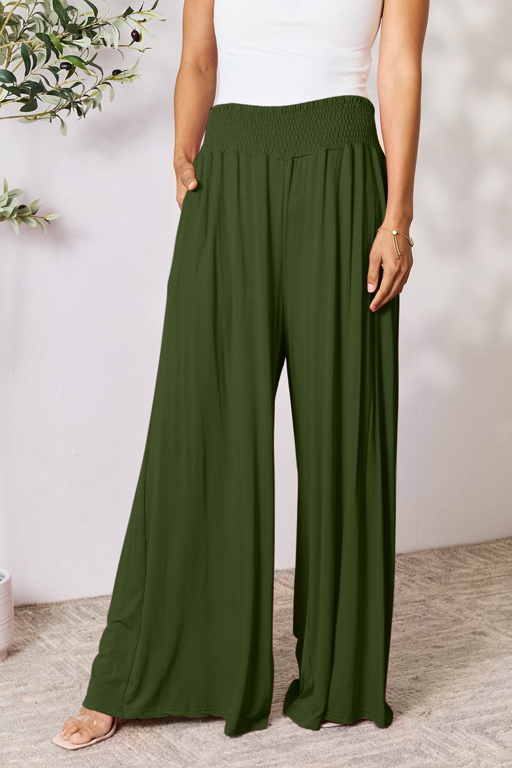 Get trendy with Full Size Smocked Wide Waistband Pants - Pants available at Styles Code. Grab yours today!