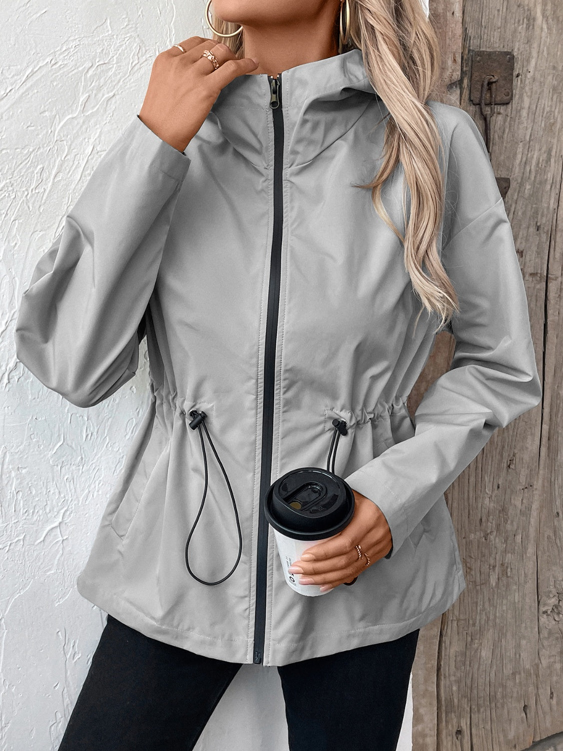 Get trendy with Drawstring Zip Up Hooded Jacket - Jacket available at Styles Code. Grab yours today!