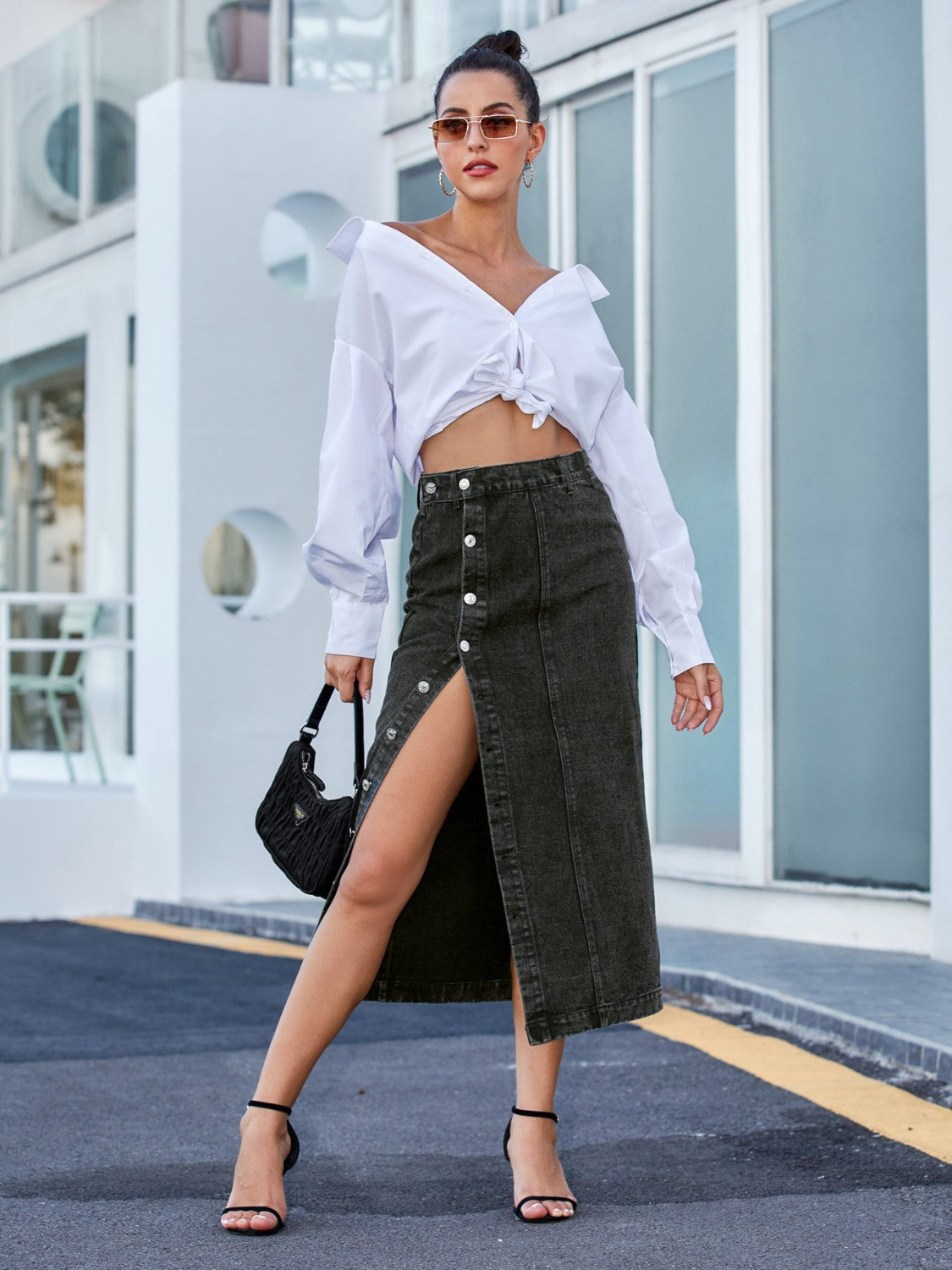 Get trendy with Button Down Denim Skirt - Skirts available at Styles Code. Grab yours today!