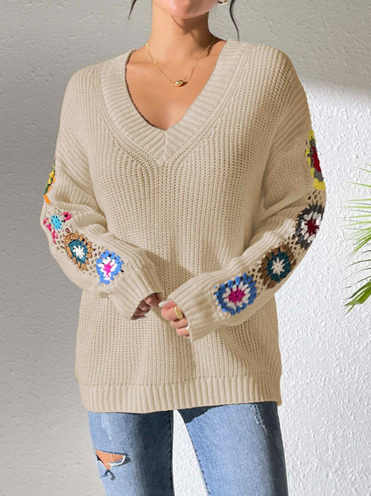 Get trendy with Crochet Flower V-Neck Sweater -  available at Styles Code. Grab yours today!