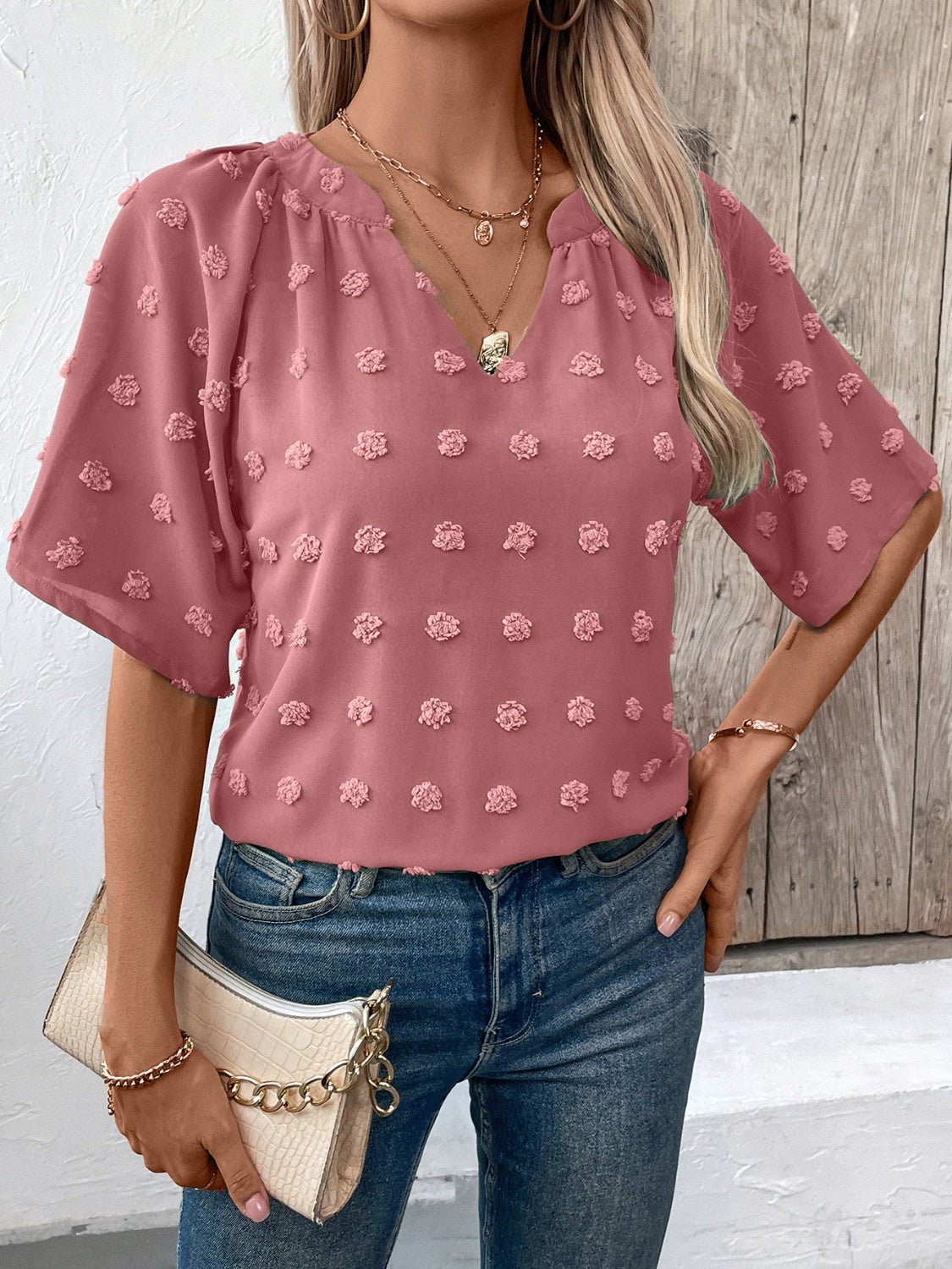 Get trendy with Swiss Dot Notched Half Sleeve Blouse - Blouse available at Styles Code. Grab yours today!